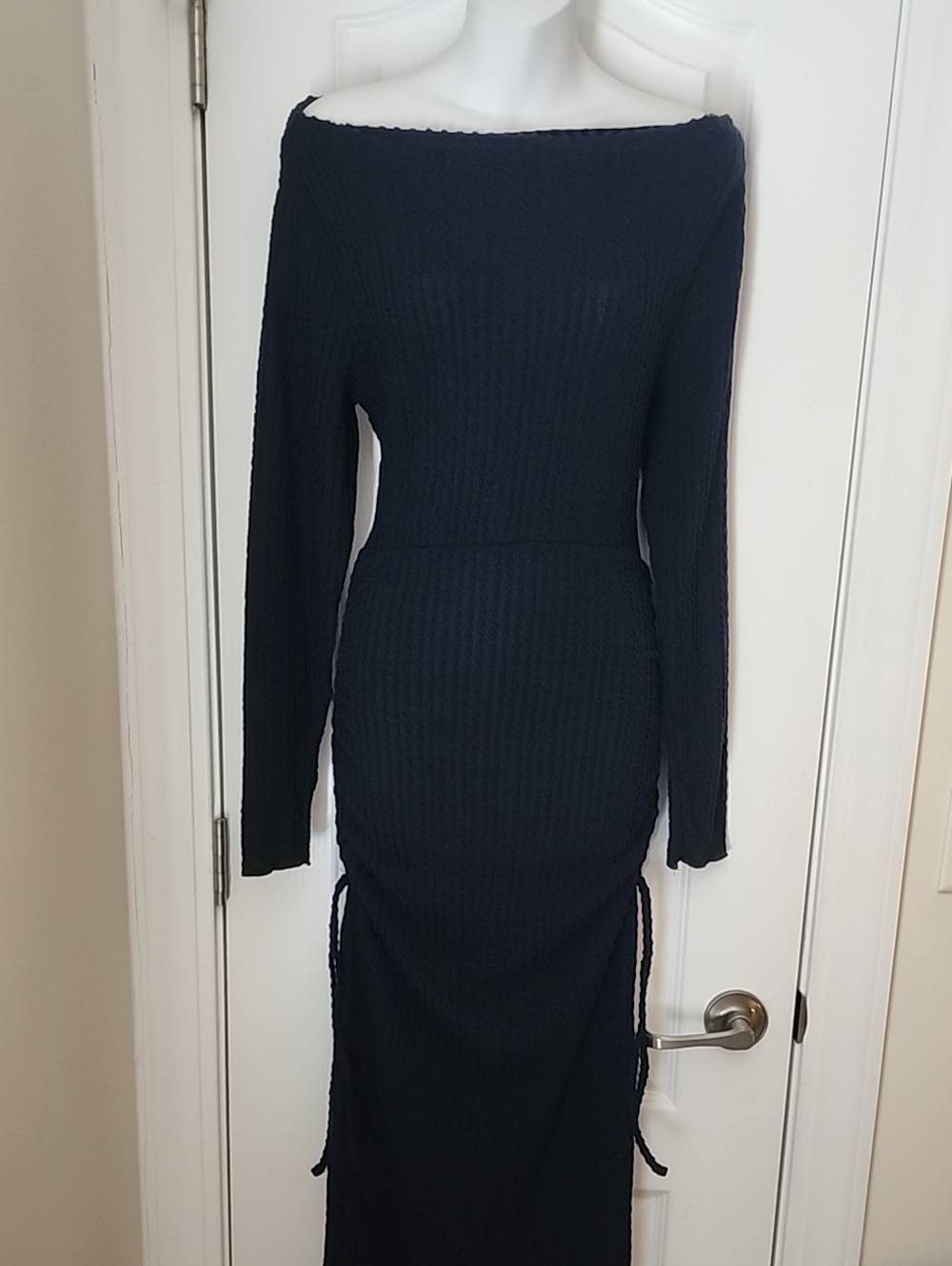Off-Shoulder Long Sleeve Navy Ribbed Maxi Dress